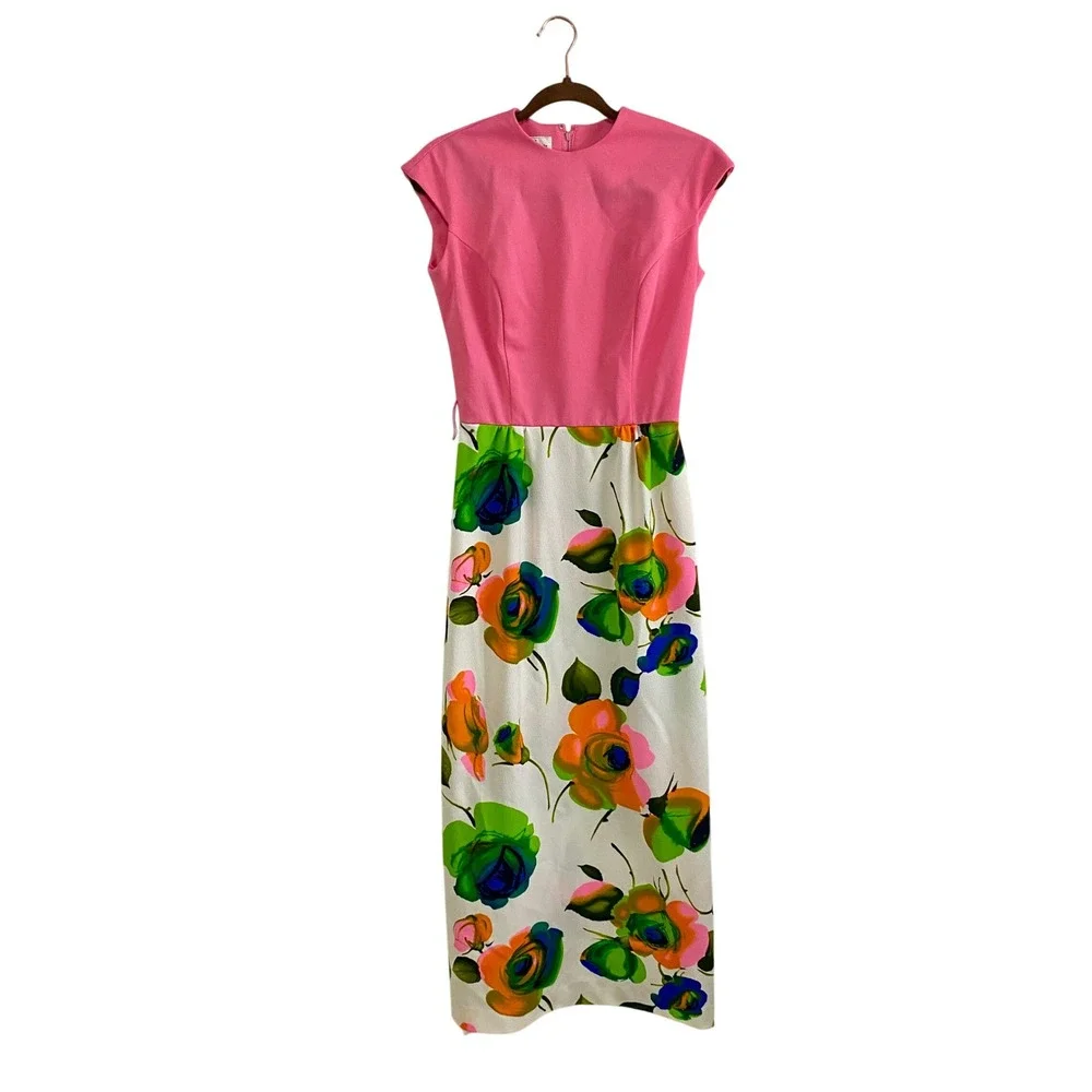 Vintage 60s 70s Stoner Square Nelly Don Mod Floral‎ Maxi Dress Pink Union Made
